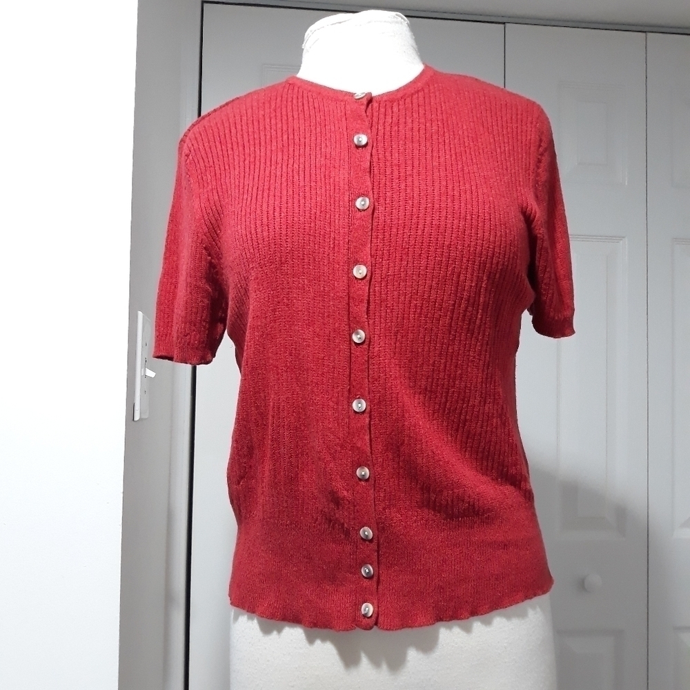Talbots knit cotton short sleeve red button down top size Large